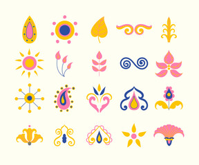 Indo, Indian, Spiritual elements. Hindu, Indian culture icons for decorating, ethnic style, pattern, pottery and more