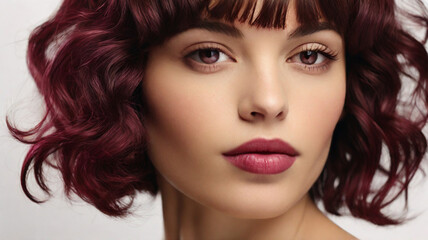 Fototapeta premium Close up studio portrait of natural beautiful woman with plum red lipstick