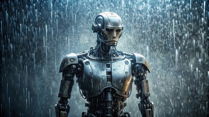 Naklejka premium Robot standing stoically in the rain, with water droplets dripping off its metal frame, robot, technology