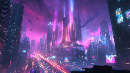 Futuristic Cityscape with Bright Neon Lights and Flying Vehicles