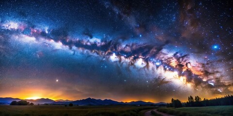 Naklejka premium Deep space starry sky with milky way and stunning astrophotography in a breathtaking night landscape