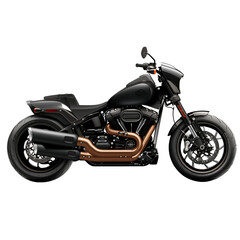 A dynamic side view of a contemporary black motorcycle, isolated on a transparent background 