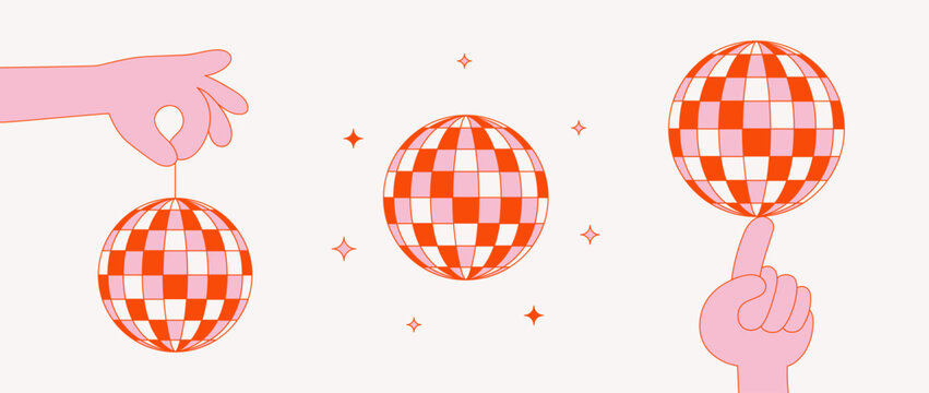Set of red and pink disco balls with stars and hands on a light background, cartoon illustration, flat style