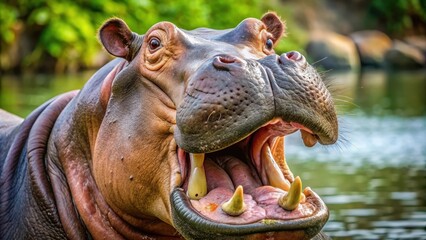 Close up image of a hippopotamus showing its large mouth and wrinkled skin , hippopotamus, close up, animal, wildlife, safari