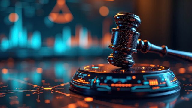 Futuristic Gavel with Digital Interface AI and Technology Law Concept, Justice Background - Powered by Adobe