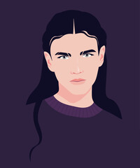 The face of a sad young brunette man on a dark background. Vector flat Illustration