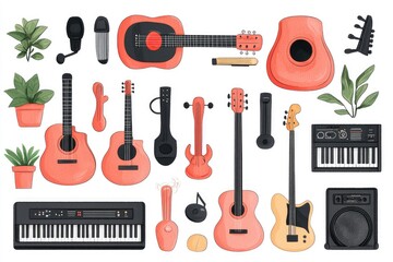 Naklejka premium Collection of Musical Instruments Guitars, Keyboards, and Amplifiers