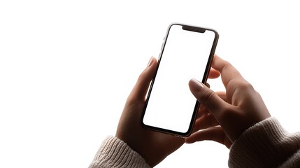 Closeup of Hands Holding a Smartphone with White Screen