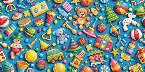 Colorful seamless pattern with various toys scattered on a background, toys, seamless, pattern, play, childhood, fun, colorful