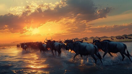 Wildebeest Migration at Sunset