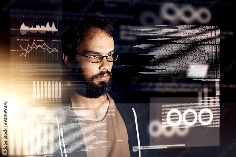 Poster Man, overlay and cyber security with coding, data and analysis for programming and software development. Male person, programmer and information technology during night for cloud computing database