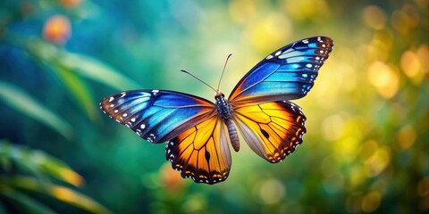 Fototapeta premium Beautiful butterfly in flight with blue, yellow, and orange wings, butterfly, flight, isolated, background, colors, vibrant