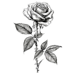 A black and white rose drawing, pen and ink sketch of a single rose,isolated on a transparent background