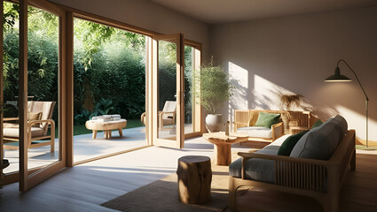 Fototapeta premium A contemporary room with natural wooden furniture