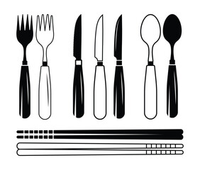 PrintCutlery Vector Illustration Best Collection With Black color White Background. New Knife Cutlery Vector Collection Set, Clip Art Outline And silhouette Set, Minimal Spoon Clip Art Isolated.
