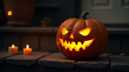 Spooky Jack-o'-Lantern on Porch Steps with Candles