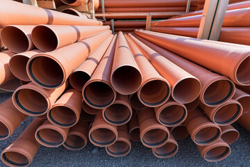 Fragment of a water supply system made  pipes, installation of automatic watering. Close-up PVC plumbing pipes stacked wooden pallets replacement at city street infrastructure construction site. Town 