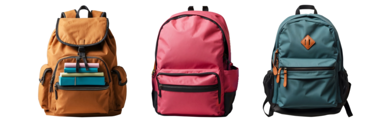 Set of Student’s Backpack with School Supplies Isolated on a Transparent Background
