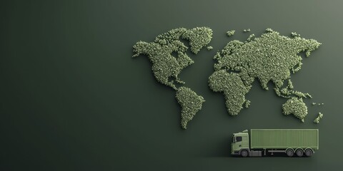 Global impact logistics, green trucks on world map with sustainable routes, 3D illustration
