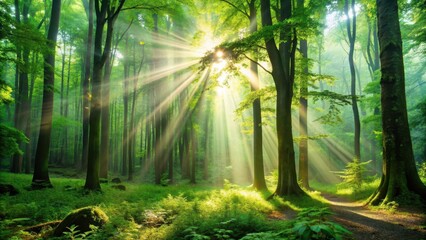 Sunlight filtering through lush green forest foliage, nature, trees, sun rays, tranquil, serene, peaceful, dappled light