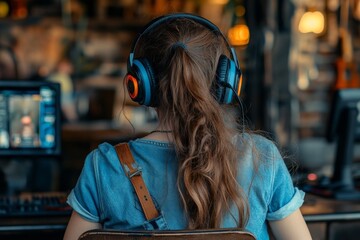 Obraz premium Girl with headphones in a colorful technology filled room focused on gaming or coding embodying the passion concentration and excitement of digital entertainment in a vibrant modern setting