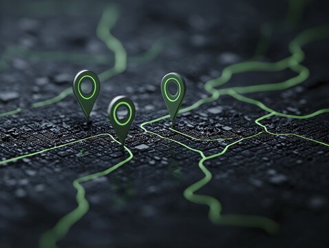 Traceable supply chain, digital map with green route markers, 3D illustration