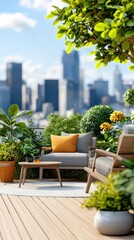 Fototapeta premium Modern urban rooftop lounge and garden area surrounded by a beautiful city skyline in 3d design