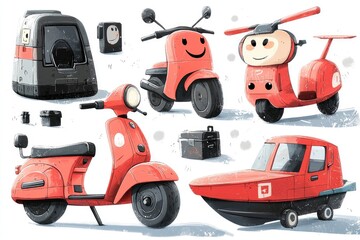 Fototapeta premium Red Vehicles Cartoon Illustration