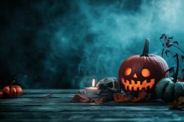 Halloween pumpkin glowing on spooky night with fog and candlelight