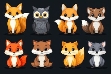 Fototapeta premium Cute Cartoon Animals - Fox, Owl, Wolf, Collection
