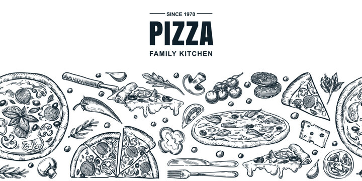 Italian pizza and ingredients seamless horizontal background. Vector hand drawn sketch illustration. Pizzeria menu, banner, poster, label package design elements