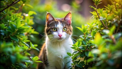 Bicolor cat with curious expression exploring bushes in the garden, bicolor, cat, curious, exploring, adventure, curiosity, bushes