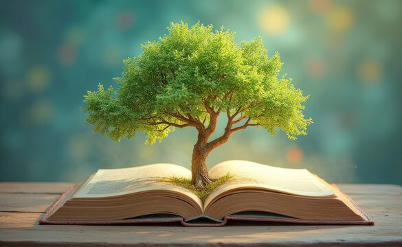 A mighty tree of wisdom grows from an open book