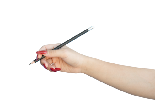 female hand holding pencil isolated on transparent background, PNG Format
