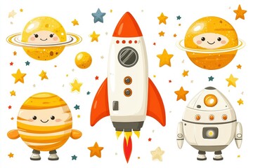 Cute Space Characters with Rocket, Planets and Stars for Kids