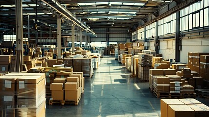 A large warehouse with numerous items. Rows of shelves with boxes.  Logistics. Inventory control, order fulfillment or space optimization. Illustration for advertising, marketing or presentation.