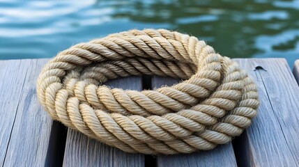Fototapeta premium Coiled Hemp Rope on Waterfront Dock with Ample Copy Space Above A Thick Durable Hemp Rope Neatly Arranged on a Wooden Dock Beside the Water Showcasing its Natural Fibers and Texture