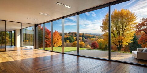 Fototapeta premium Modern house with large glass window overlooking autumn landscape, modern, house, rendering, glass window
