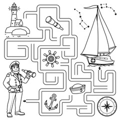 Obraz premium Puzzle for kids. Labyrinth. Find the captain's way to the sailboat. Coloring for kids