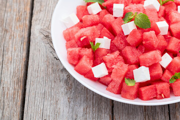 Summer watermelon salad with feta cheese and mint