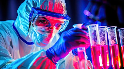 Scientist in a chemistry lab with flasks and other labware. Research and development concept for medical, biotechnology, molecular biology or chemistry research and development. Illustration.