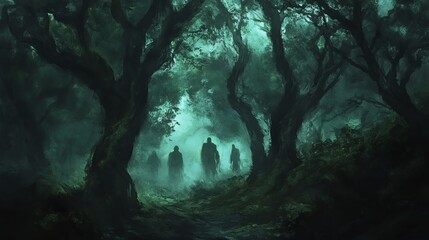 Silhouettes of people standing in a dark, eerie forest with a mystical, greenish glow in the background and dense, twisted trees.