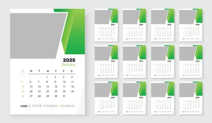 2025 Wall calendar template 12 page, Week starts on Sunday, Simple vertical calendar design template.