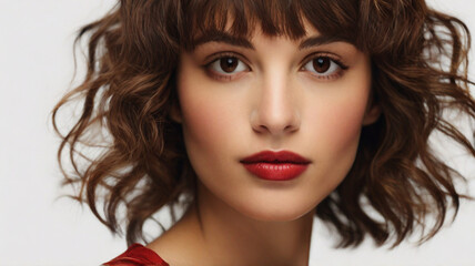 Fototapeta premium Close up studio portrait of natural beautiful woman with red lipstick