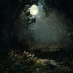 Mystical Forest Glade Illuminated by a Captivating Full Moon Captured in Digital Imagery