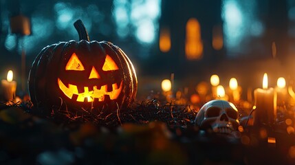 A glowing jack-o'-lantern illuminates a dark, eerie setting, surrounded by candles and a skull, perfect for Halloween imagery.