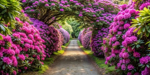 Tunnel of pink and purple rhododendron blooms providing shade for travelers, rhododendrons, tunnel, pink, purple, blooms