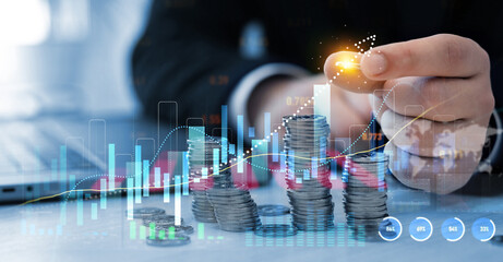 Money business financial graph diagram of coin. Financial growth data or investment market profit bar and success report.Saving money concept.Stack of coins with trading price graph growth.