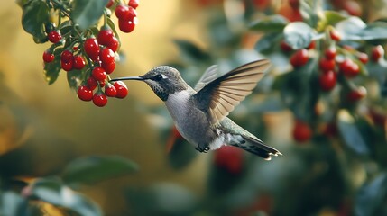 Obraz premium Hummingbird Hovering Near Red Berries