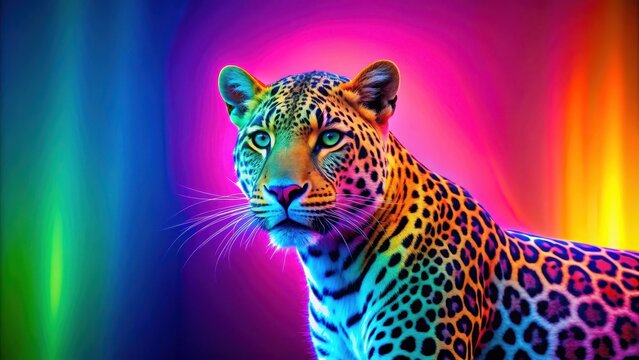 Vibrant neon colored leopard against a bright background, Leopard, Neon, Bright, Colorful, Wildlife, Animal, Spots, Wild